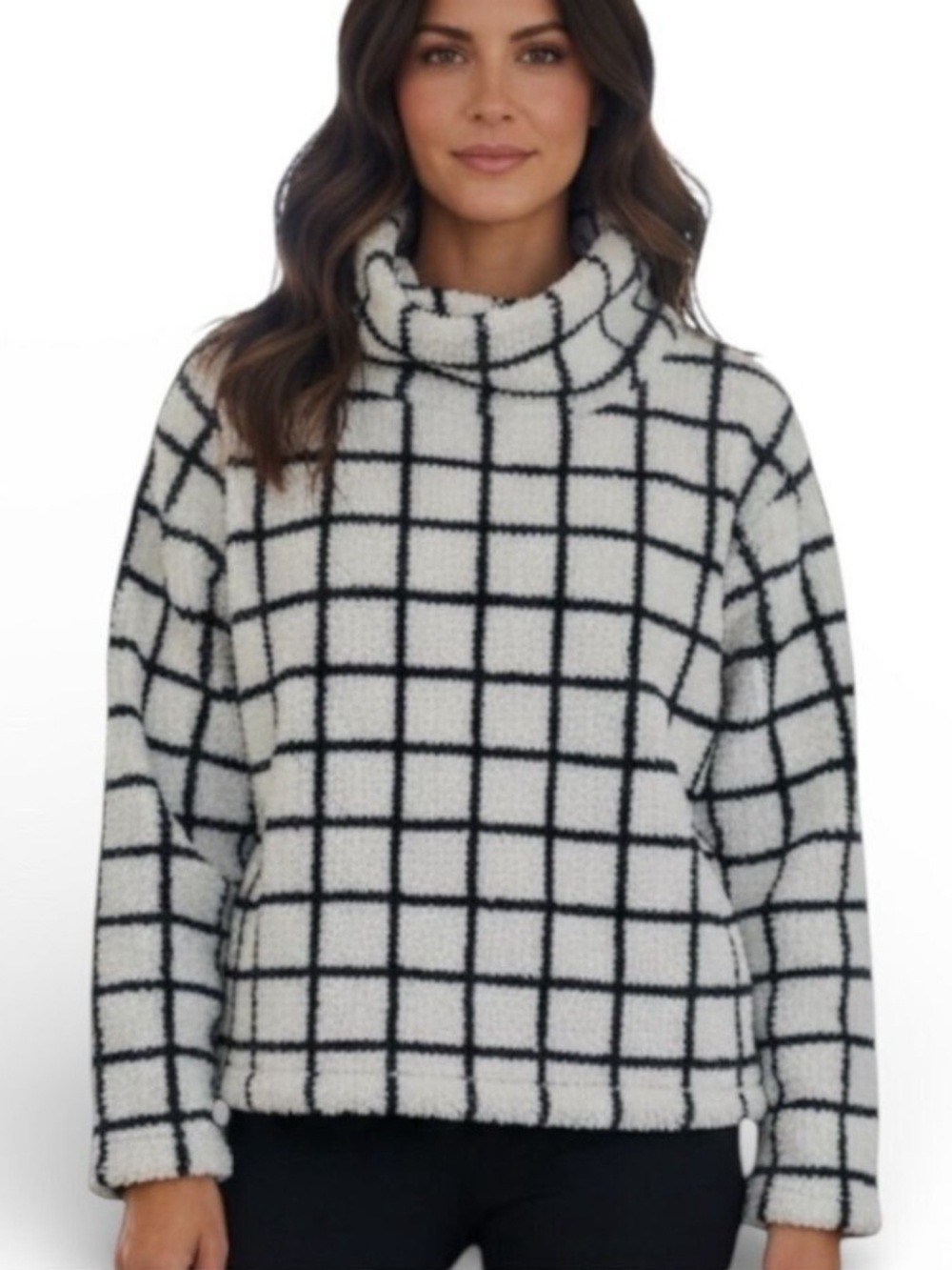 Daisy Fuentes Black and White Plaid Cozy Sherpa Turtleneck Pullover XL